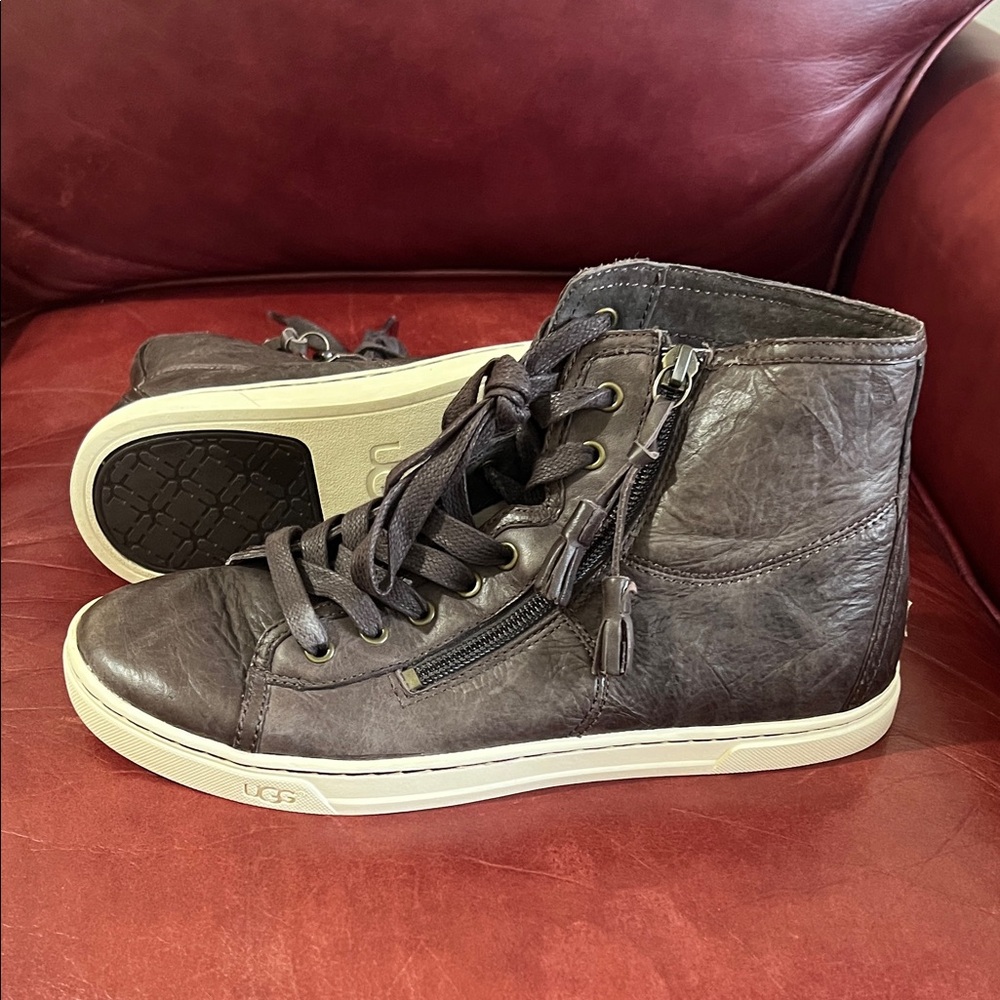 UGG Men’s Dark Brown Leather High-Top Sneakers with Side Zipper